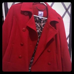 JCP Red Peacoat with leopard print silk lining.